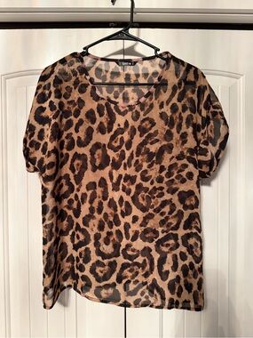 SHEIN Leopard Print Short Sleeve Blouse - Brown/Black